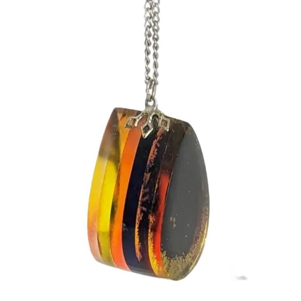 Vintage Resin Necklace‎ Teardrop Acrylic Stacked Pendant Midcentury Boho Amber